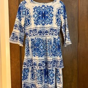 Elegant Blue and White Long Sleeve Dress